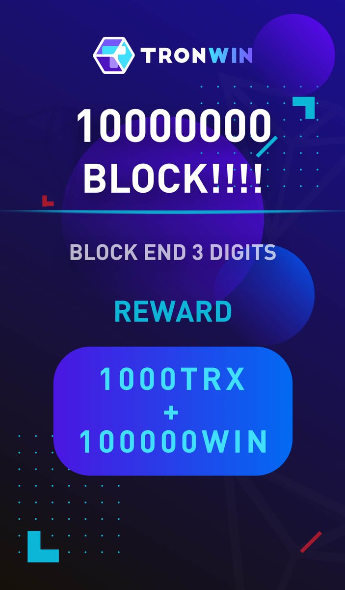 tronwin_io's tweet photo. Predicting 10000000Tron Block!
If you predict the last 3 right Number of the 10000000Block Hash. You Get the Prize!
If no one predict the Right number,the nearest three persons Get 500Trx 50000Win, 300Trx 30000Win,200Trx 20000Win!
Just comment and pick 3Digits!🔥🔥🔥#WinForever https://t.co/733ODcUGoD