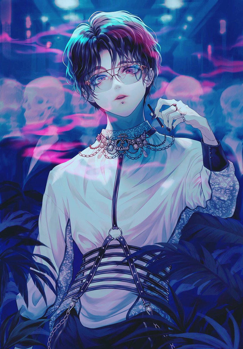 1boy male focus glasses short hair jewelry looking at viewer black hair  illustration images