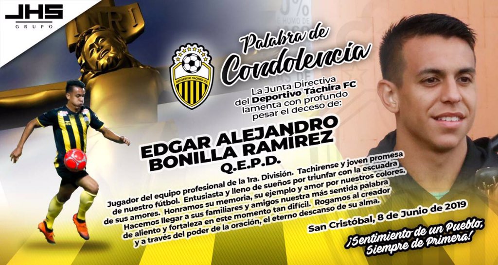 #InstitucionalDTFC | Con profundo dolor y tristeza informamos que en horas de la mañana de este sábado, en un accidente de tránsito, falleció Édgar Alejandro Bonilla, jugador de nuestro equipo profesional y talentoso artillero tachirense ¡QEPD Édgar, por siempre AURINEGRO! 🙏🏻