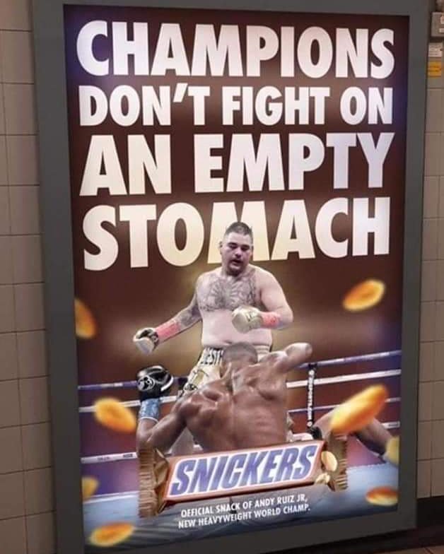 BNGBOXING's tweet photo. Champions dont fight on an empty stomach #boxing #RuizJoshua2 #snickers https://t.co/pDcRJ3UL9P