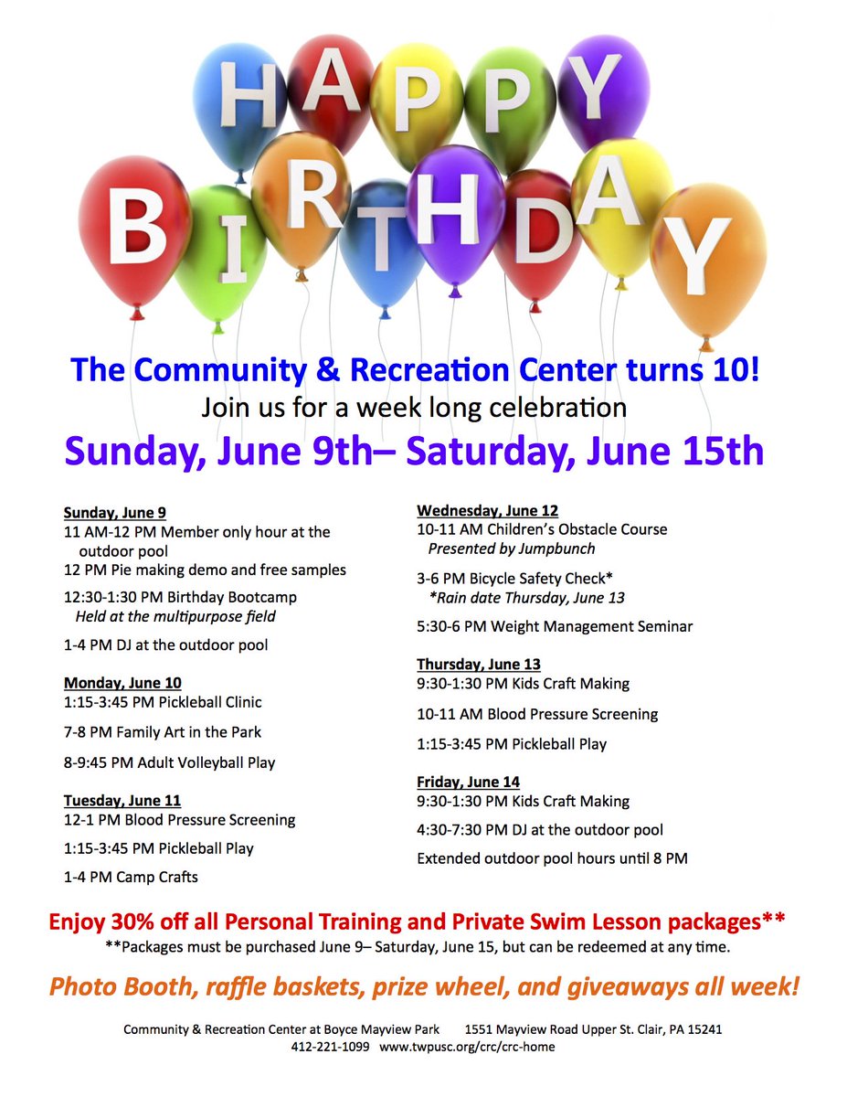 Upper_St_Clair's tweet photo. Happy 10th birthday to the Community & Recreation Center at Boyce Mayview Park! Come celebrate with us all week long, starting Sun, June 9! @radworkshere @USCSchools @usctmag #UpperStClair #UpperStClairRecCenter https://t.co/TCyYSUQxCG