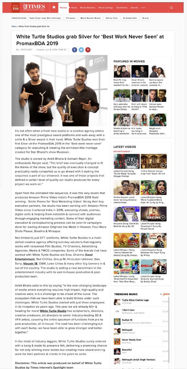 WhiteTurtleStud's tweet photo. A proud moment for the entire White Turtle Team. When White Turtle wins awards, the world talks! 🏆  #promax2019 #gold #silver https://t.co/qQhamP76zd