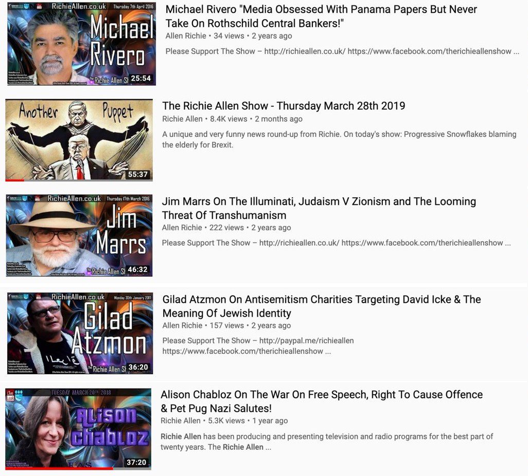 2/ But Allen's protests of innocence are disingenuous because his method is not to say these things himself but, rather, to invite antisemitic conspiracy theorists onto his show, give them a platform to hold forth without serious challenge and then praise their supposed insights.