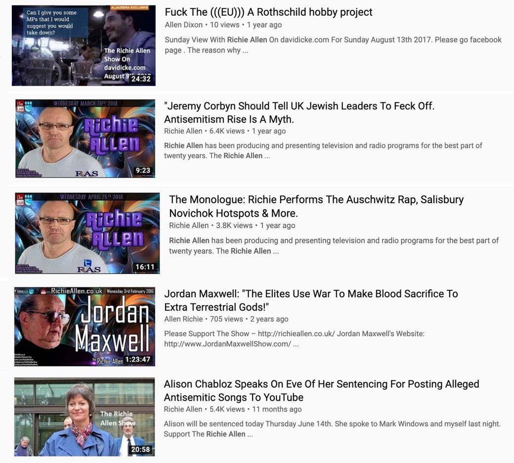 3/ The Richie Allen Show has hosted a number of antisemites and Holocaust deniers, including Alison Chabloz, Nick Kollerstrom, Mark Collett, Gilad Atzmon and David Icke.