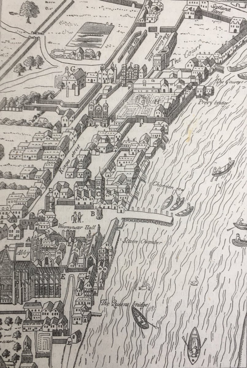#Westminster and #Whitehall Palace in the Reign of Elizabeth I (from the Agas Map 1561) Lord Mayor of #London landing place extends into the Thames. You can see the Palace (Southern) Kings Street Gateway and the Holbein Gate to the North. (Old & New London Vol III)