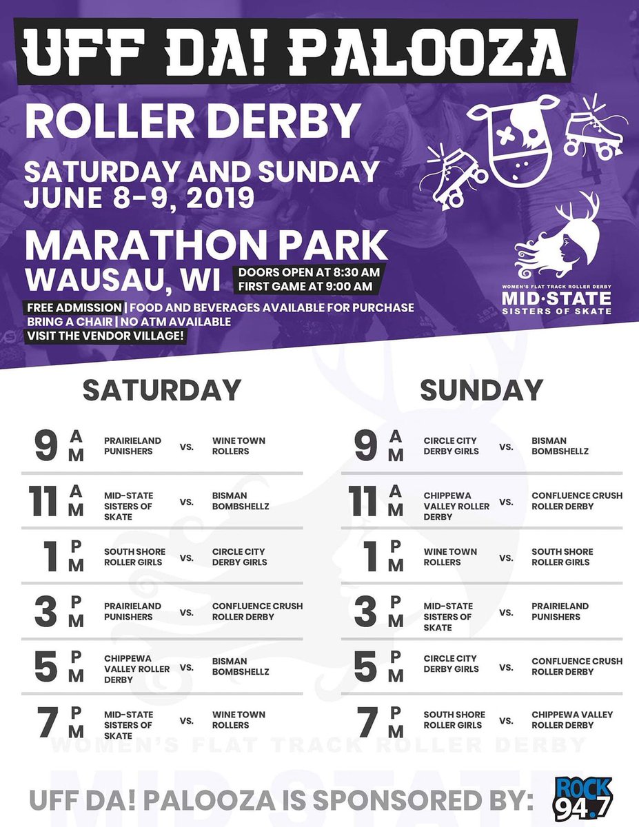 CVRDerby's tweet photo. CVRD is headed to Uff Da Palooza again this year!
We play tonight at 5, then Sunday at 11am, then again at 7pm!
#rollerderby #wftda #tournament #uffdapalooza2019 #cvrd #skaters #sports #athletes #derbyskaters #wiscoderby https://t.co/Vx1yGDfGOy