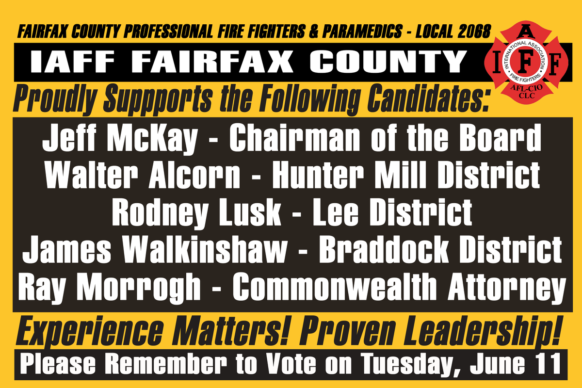 IAFF2068's tweet photo. #IAFF2068 #FairfaxFirefighters Proudly support @JeffreyCMcKay , @walter_alcorn , @Lusk4Supervisor , @JamesWalkinshaw  and @RayMorroghFFX . You can vote In-Person absentee until 5PM at #FairfaxCounty Governent Center, 12000 Government Center Pkwy, Fairfax, VA 22035. CNF RMS 2/3 https://t.co/hTDf1hK7ds