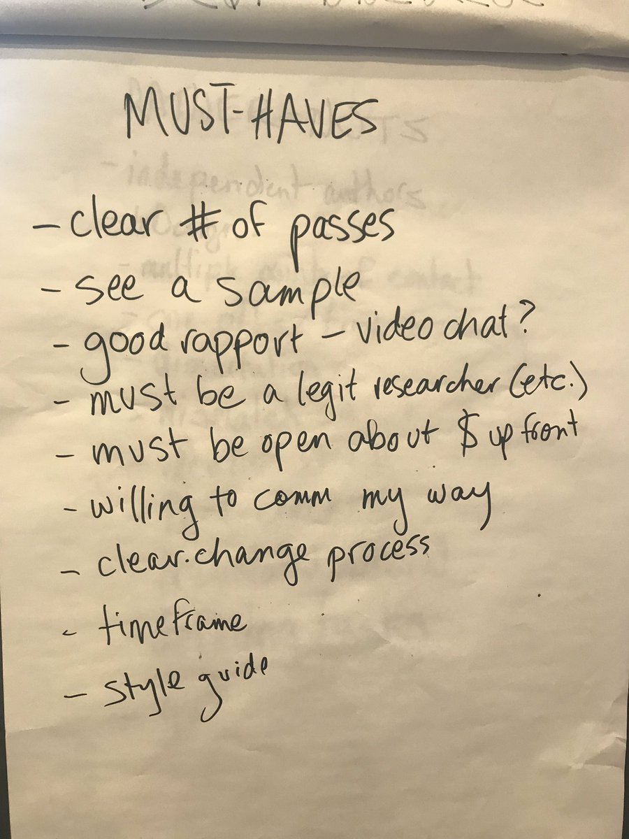JessShulman's tweet image. Here are the lists of #freelance job-selection criteria that our (wonderful) attendees brainstormed together. Your list may be different but the key is to have it thought out. #Editors19