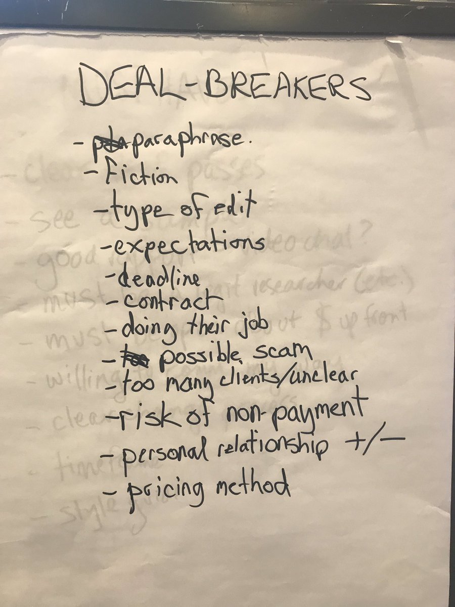 JessShulman's tweet image. Here are the lists of #freelance job-selection criteria that our (wonderful) attendees brainstormed together. Your list may be different but the key is to have it thought out. #Editors19