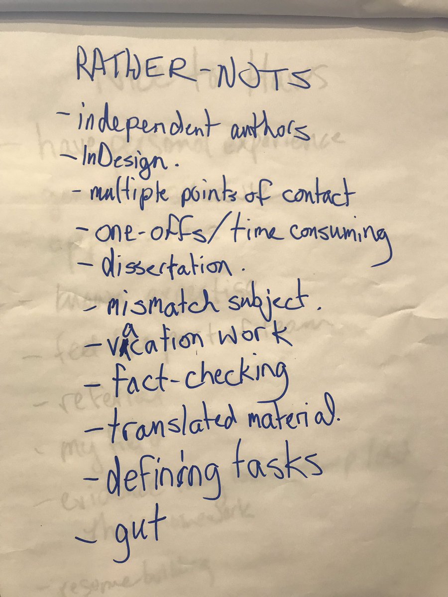 JessShulman's tweet image. Here are the lists of #freelance job-selection criteria that our (wonderful) attendees brainstormed together. Your list may be different but the key is to have it thought out. #Editors19