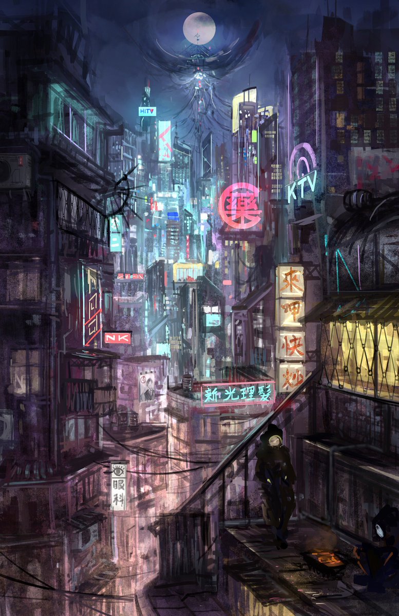これは去年(2018)の絵です。 台湾の街をサイバーパンク風に書きました