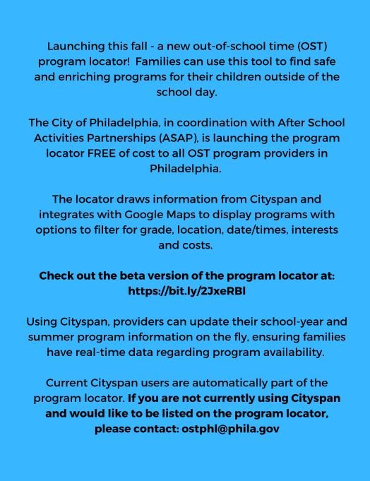 PhillyASAP's tweet photo. #ASAPDirectory news: Join #phillyASAP and Citywide OST Lead, Gulal Nakati for free info session about Cityspan and how to list your program in the upcoming program locator! Register 1st session June 26: ostphl@phila.gov #afterschool 
@PhiladelphiaGov #partners #connect https://t.co/yl36TThf0Y