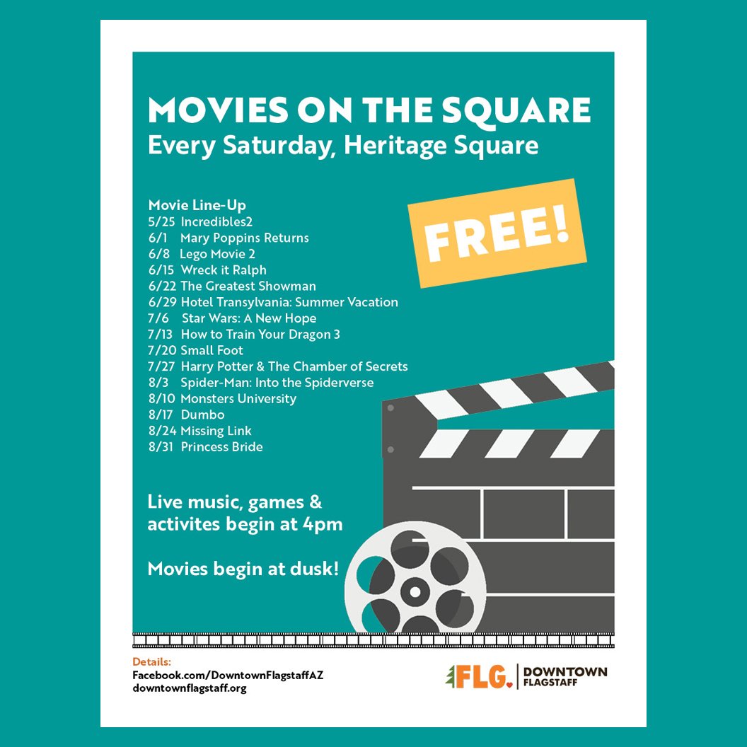 CFA_Flagstaff's tweet photo. "Movies on the Square" is happening every Sat thru Aug! 🎥 Enjoy a FREE family movie night at Heritage Square… And while you're at it, be sure to pickup dinner at Chick-fil-A Flagstaff! https://t.co/n8SF2K4u4d