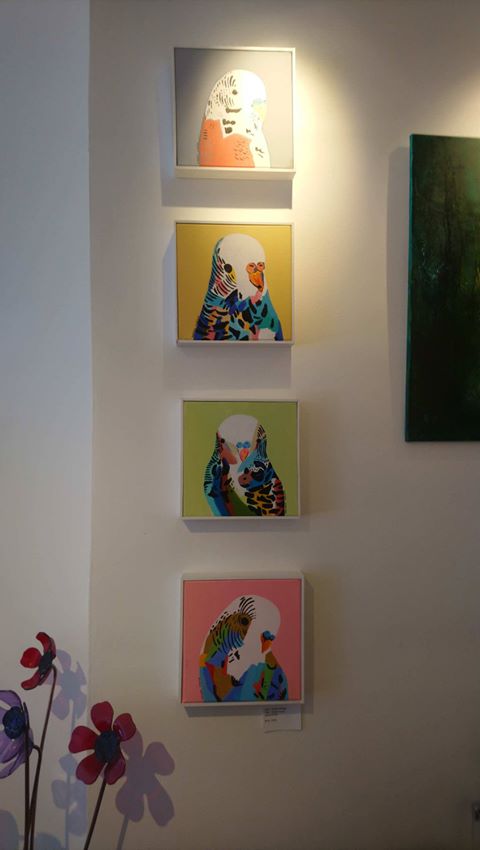 Sudjadi Widjaja painted these wonderful, colourful #budgies. 
£240 for all four, with at least 30% going to <a href="/streetsouls/">Streetsouls</a>.