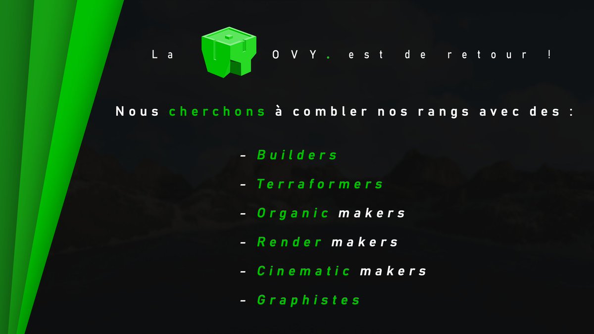 OvyBuild's tweet image. 🚨 recrutement🚨
salut salut ! 
Nous recrutons de nouvelles personnes dans notre équipe. 
Si un poste vous intéresse, rejoignez notre discord ➡️ discord.gg/pEdUD2w
Ou alors, envoyez moi un mp 📨