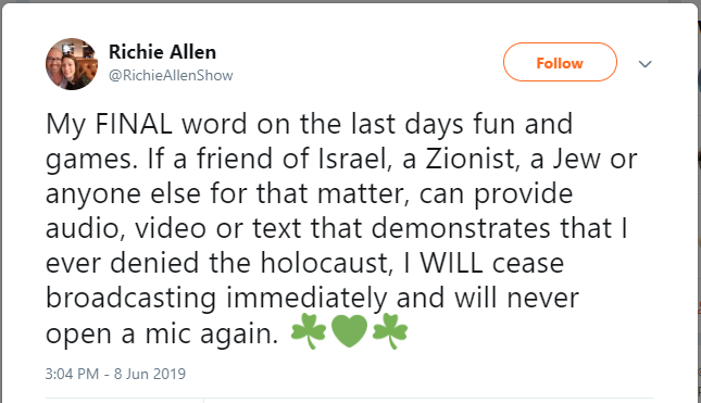 Richie Allen: Purveyor of Holocaust denial1/ Self-styled "saviour of alternative media" Richie Allen is angry about being accused of promoting Holocaust denial and has challenged critics to prove he's ever denied the World War II genocide against Jews in Europe.