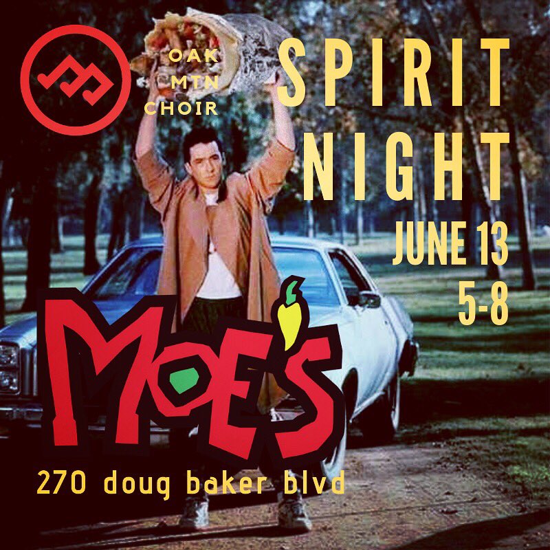 OMHSChoirs's tweet photo. It’s the kind of relationship they make movies about: Moe’s &amp; Music. Come hang with us this Thursday, have a great meal &amp; enjoy some good music. A percentage of Moe’s Lee Branch receipts, 5-8 that night, benefit our choir program. 🎶❤️🌯 https://t.co/LXJecebYu2