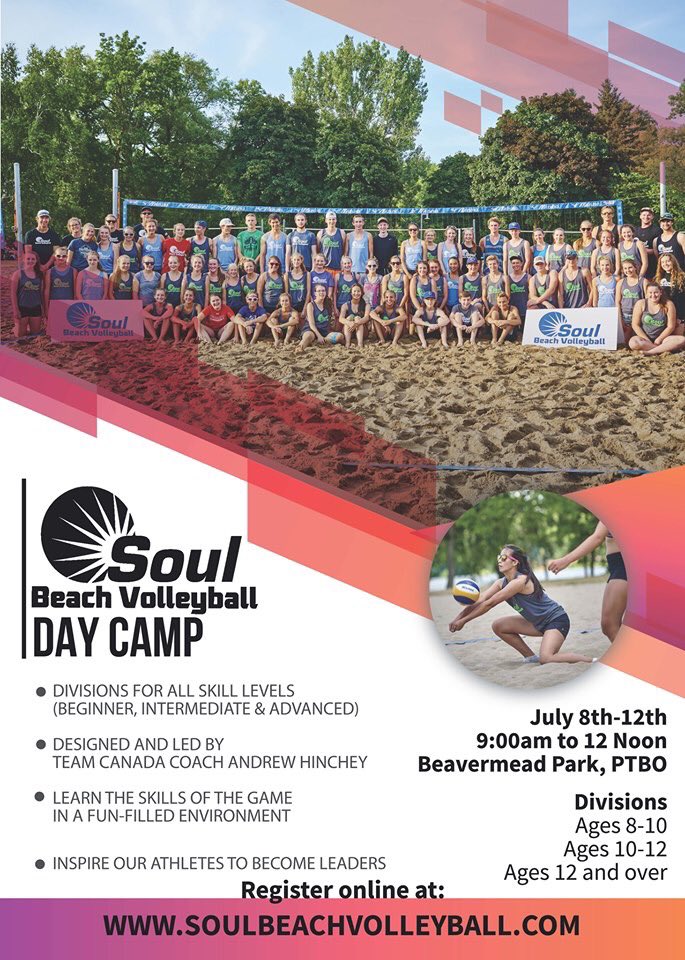 We are SOLD OUT for Mon, Weds and Sun! BUT there are SPOTS AVAILABLE in our Soul Beach Volleyball Day Camp - July 8-12 from (9-12 Noon) for ages 8 &amp; over. Beside beautiful Little Lake at Beavermead Park in #PTBO! For more info, visit: soulbeachvolleyball.com