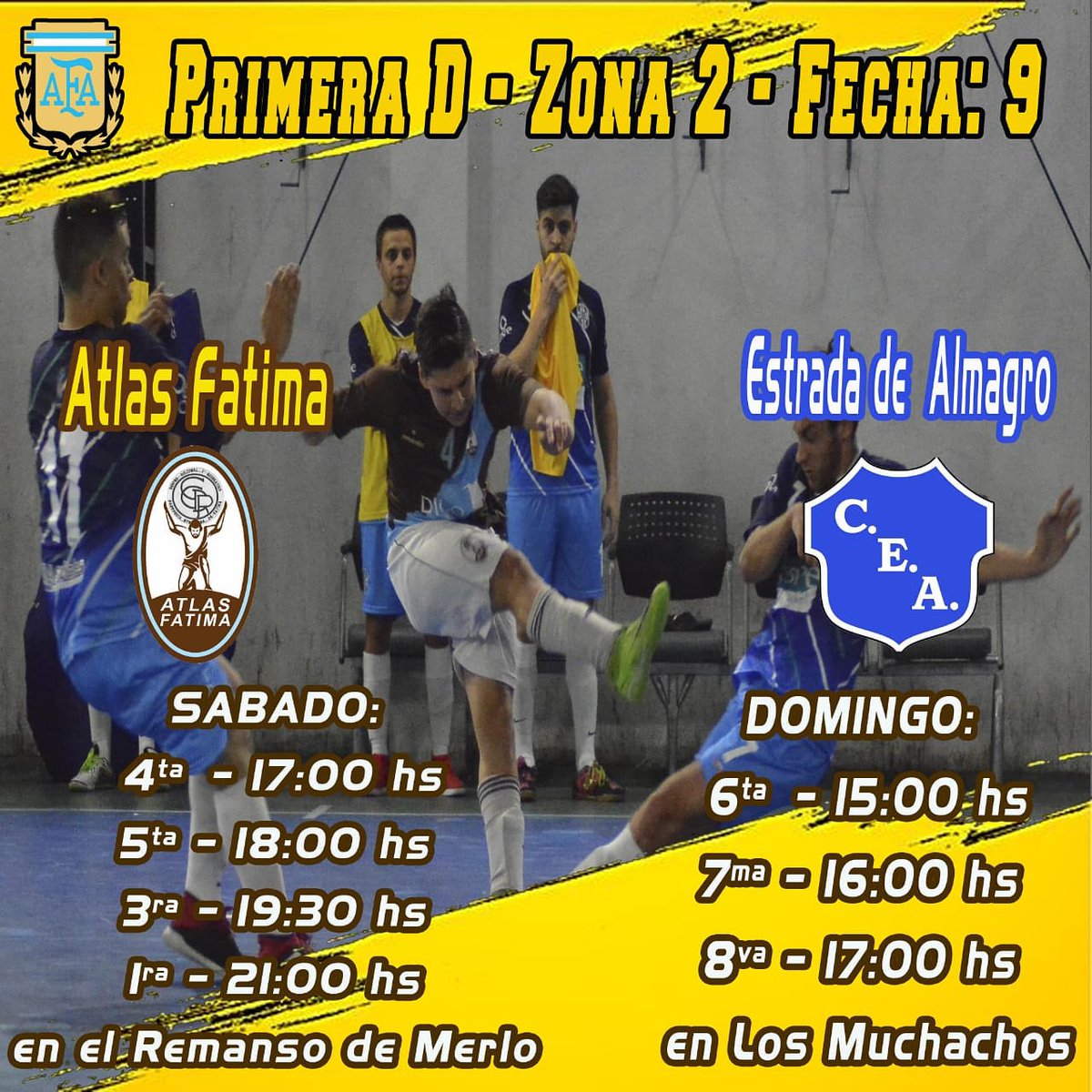 #AtlasFutsal
#Atlas vs #EstradaDeAlmagro

Sábado 8 de junio desde las 17 hs en #ElRemanso juegan las categorías mayores de #AtlasFatima

Los chicos juegan el domingo 9 de junio a partir de las 15 hs en #LosMuchachos

#Fecha9 #Zona2 #PrimeraD #FutsalAfa
#VamosAtlas #VamosGuerreros