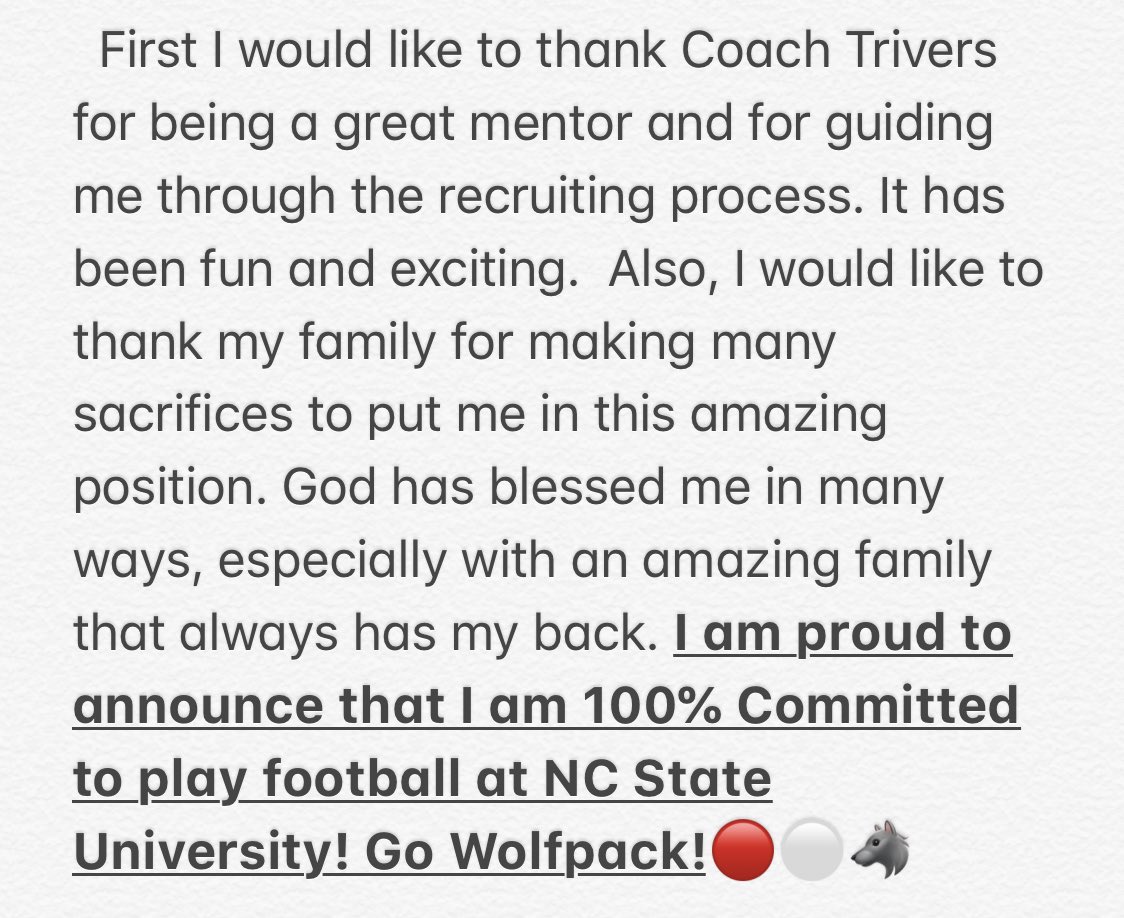 pmatan76's tweet photo. I am proud to announce that I am 100% Committed to play football at NC State University! #GoPack https://t.co/uH3qxY0vLC
