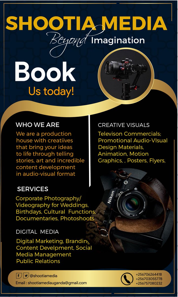 Hello all, you can now book us for our incredible media services. DM us or call +256706264418 to make inquiries for any of our listed areas of expertise. @shootiamedia #shootiamedia #BeyondImagination.