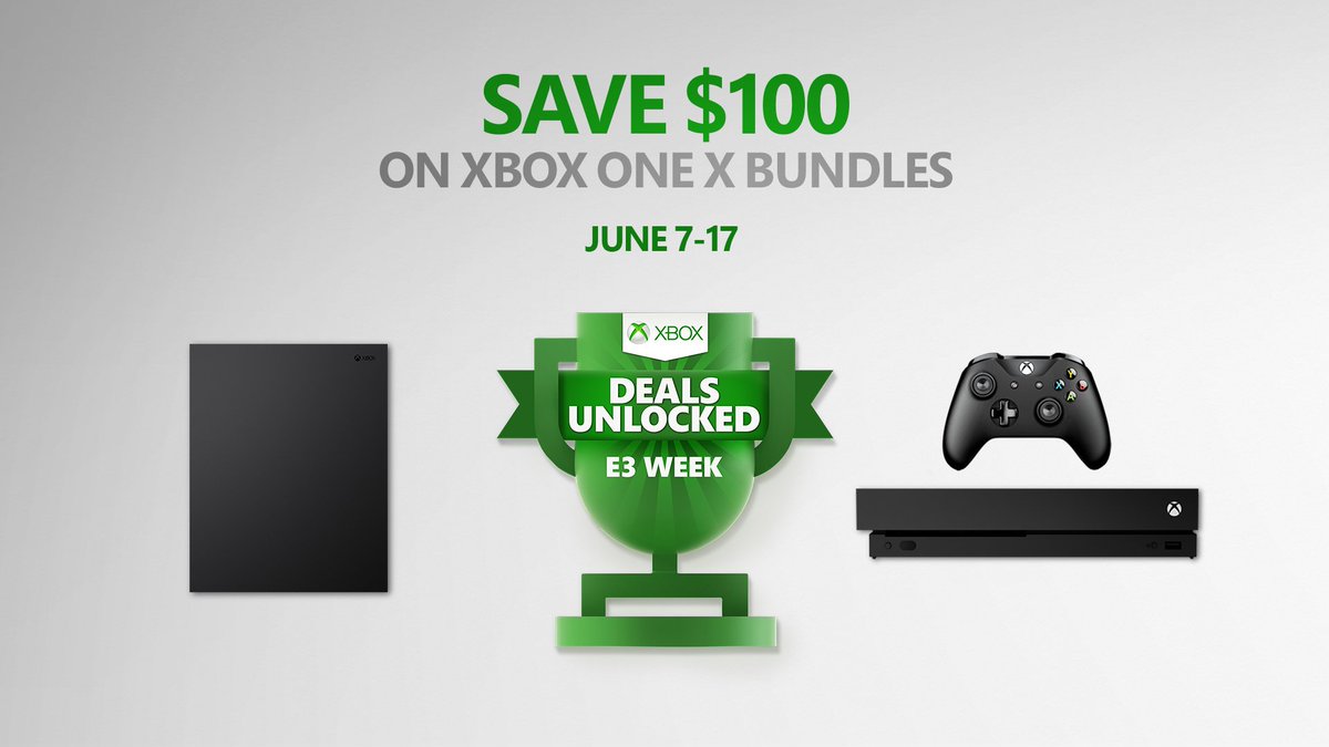 An Xbox Deals Unlocked badge with an Xbox One X console on either side of it. The one on the left shows the console from the top, and the other, from the front with an Xbox One controller above it.
