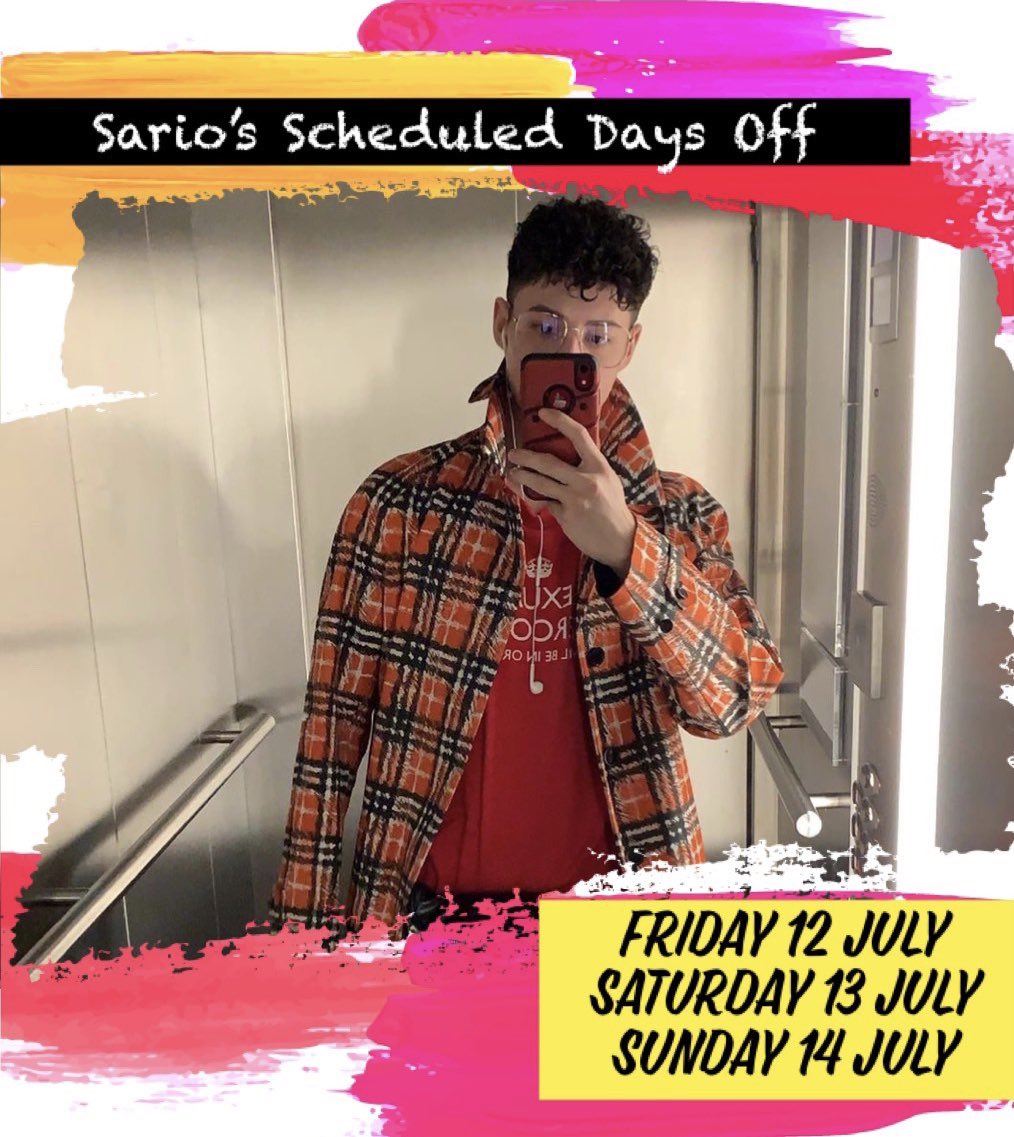 Saz_Fans's tweet photo. Hey everyone, just to let you all know, below are Sario’s scheduled days off in July (14th being his birthday🥳) meaning he will not be performing for these dates🌟❤️ https://t.co/Ud5xqtI4WY