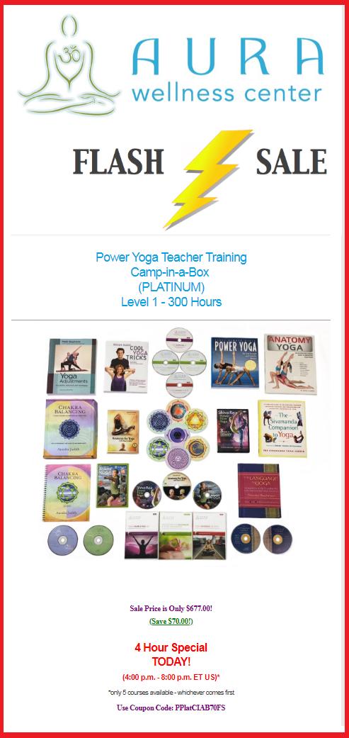 4 Hour Deals on Yoga Teacher Training Courses.
Aura Wellness Center #flashsale for the #YogaCourse:
#PowerYoga Teacher Training Camp-in-a-Box (PLATINUM) Level 1 - 300 Hours.
Use Coupon Code: PPlatCIAB70FS bit.ly/flash-sale-yog…