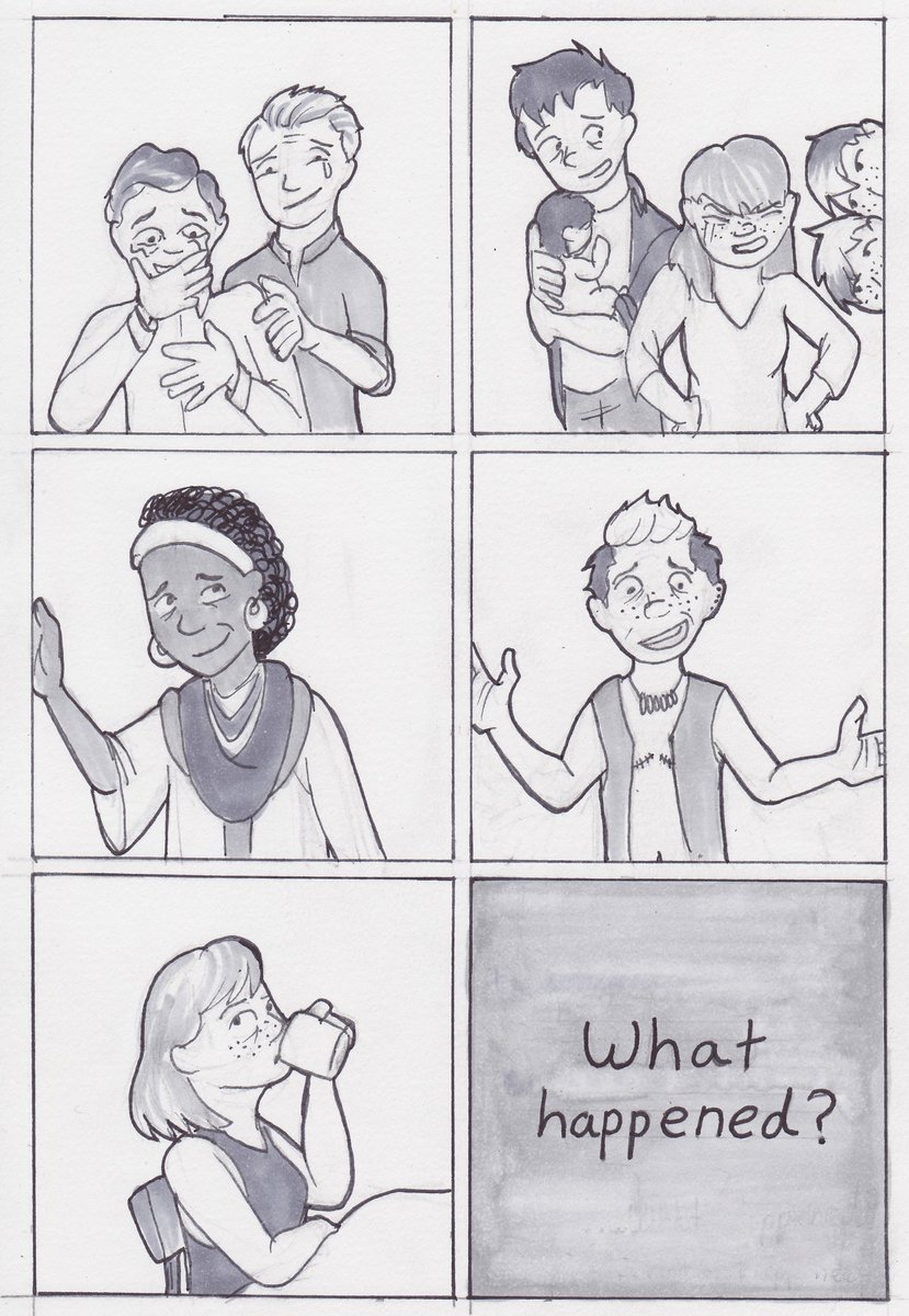 6 panel comic. panel 1: two men crying happily one is half hugging the other. panel 2: a woman looking angry, a man holding a baby, and 2 teens nervously peeking into frame. panel 3: a black woman smiles fondly. panel 4: a shirtless man with chest scars holds his arms out for a hug. Panel 5: a woman looks up from her coffee. panel 6: a grey square with the words "What happened?"