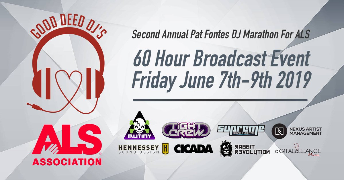 STREAMING NOW! The <a href="/gooddeeddjs/">Good Deed DJs</a> 2nd Annual <a href="/djpatfontes/">Pat Fontes</a> DJ Marathon Against #ALS! #techno #house #dnb #psytrance #breakbeat #dubstep #allofthatpartymusic #worldwide

chew.tv/good-deed-djs/…