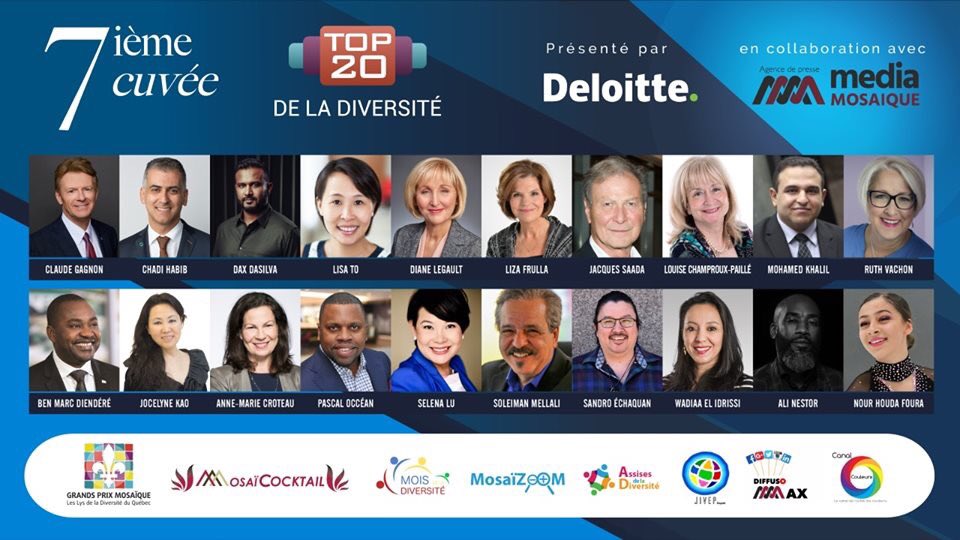 #Pari Tenu! Franc succès - Salle comble Tour Deloitte jeudi 6 juin à Montréal. La 7e Cuvée  du #Top20Diversité est révélée au #MosaïCocktail. Un parrain et une marraine  d'honneur, David Heurtel et Mariama Zhouri, inspirés, voire en feu!