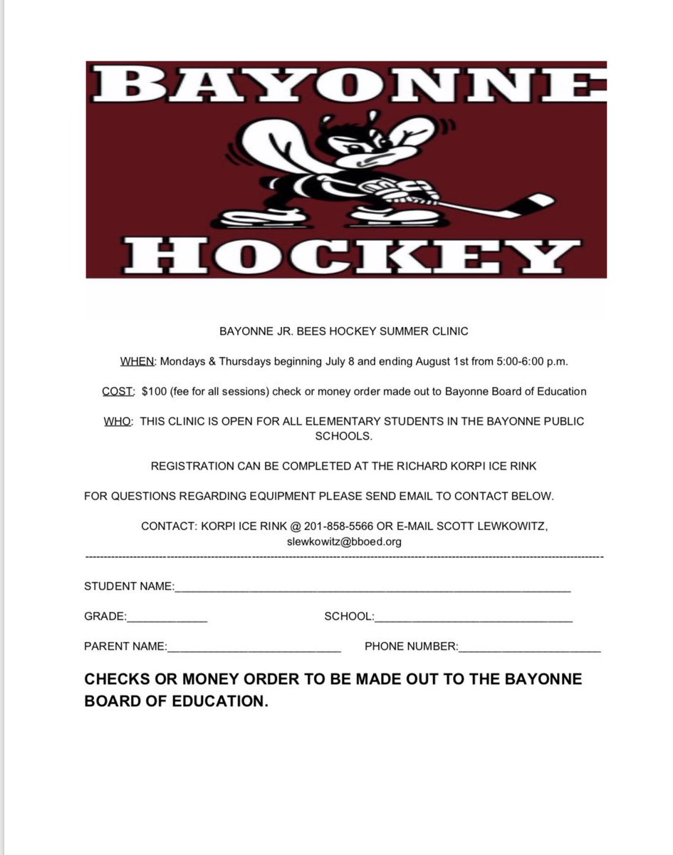 Jr. Bees Summer Hockey Clinic - see flyer for sign up information! <a href="/BayonneBOE/">BayonneBOE</a> <a href="/BHS_puck/">Bayonne HS Hockey</a> <a href="/HMSTigers6/">Horace Mann School</a> <a href="/HEHHawks1/">Henry Harris School</a> <a href="/JMBCS_Eagles12/">John M. Bailey Comm.</a> <a href="/DonohoeSchool/">Mary J. Donohoe</a> <a href="/MidtownSchool8/">William Shemin Midtown Community School</a> <a href="/WCSPatriots9/">Washington Community</a> <a href="/WWWildcatPride/">Wilson Wildcats</a> <a href="/LincolnLions5/">Lincoln Comm School</a> <a href="/RobinsonSchool3/">Dr. Walter F. Robinson Community School</a> <a href="/OreskoSchool14/">N.Oresko School</a> <a href="/VroomSchool/">Vroom Comm School</a> <a href="/TrusteeMunoz/">Christopher Munoz</a>