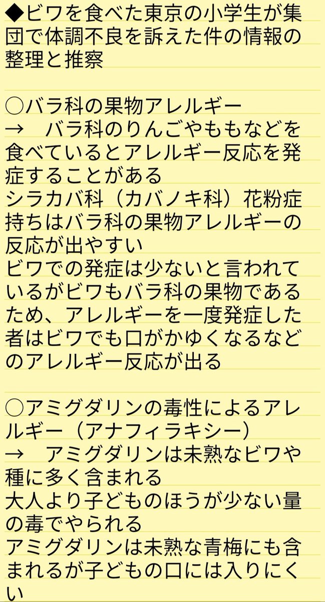 一井唯史 質問が来たので添付で回答します 質問内容 原因はシアン化合物 アミグダリン ではなくバラ科の果物によくみられる 果物アレルギーでは 東京ではこの種のアレルギーは少ないと思うし なぜビワにだけ強く出たのかわかりませんが シラカバ