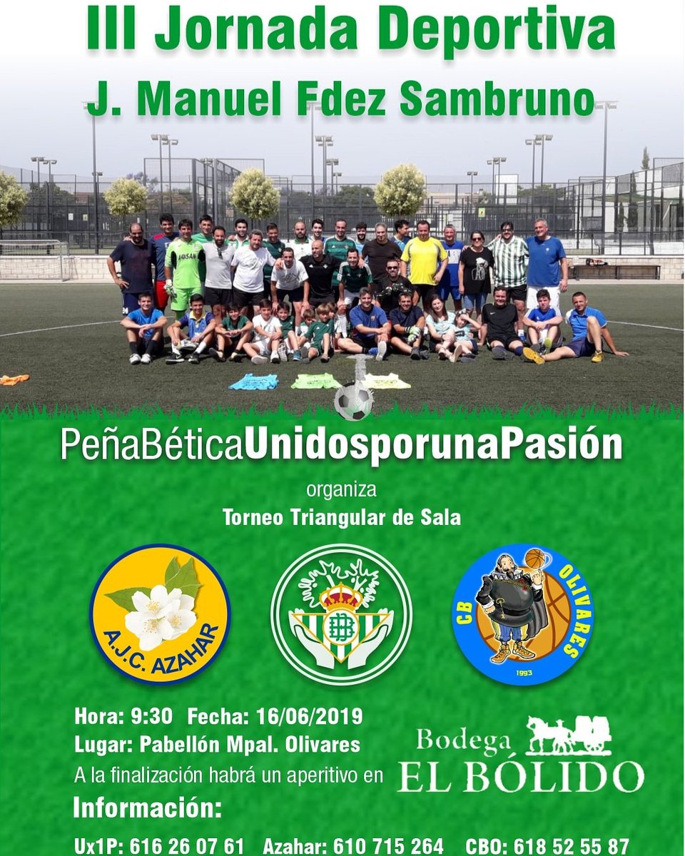 📢 III Jornada Deportiva J. Manuel Fdez Sambruno ⚽ Ven el próximo DOMINGO 16 de JUNIO al Pabellón Municipal de Olivares y participa en esta jornada de convivencia llena de diversión y deporte. Al finalizar disfrutaremos de un aperitivo en la Bodega El Bólido.
