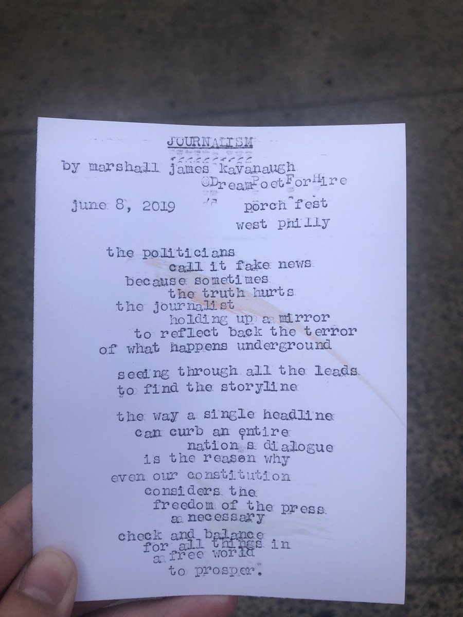 Found a street poet. Naturally, had him write about journalism.

“...the way a single headline
can curb an entire
nation’s dialogue
is the reason why
even our constitution 
considers the
freedom of the press
a necessary
check and balance
for all things in a free world
to prosper”