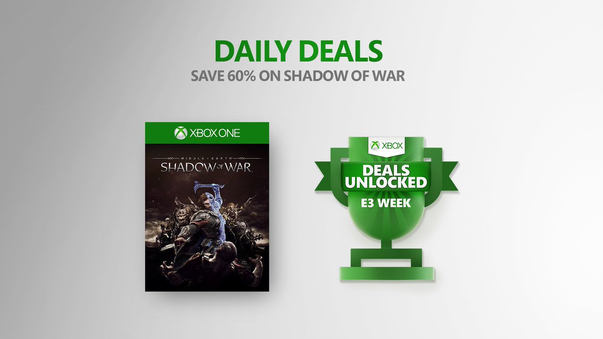 An Xbox Deals Unlocked badge with a packshot of Shadow of War on a clean background. The copy reads ‘Save 60% on Shadow of War’.