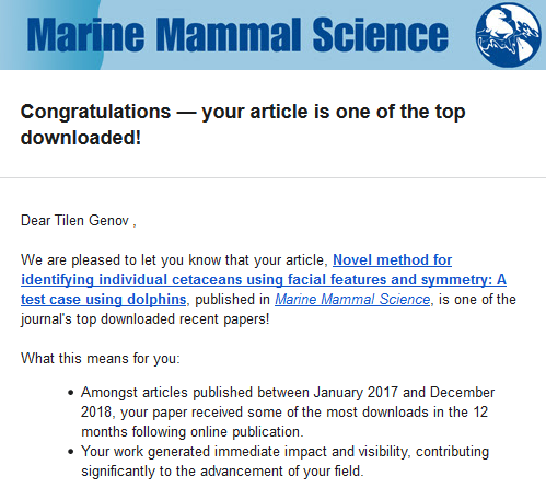 I'm very proud and humbled that our #dolphin face ID paper was among the #Top20Article in #MarineMammalScience during 2017-2018. It is now freely available (again) until 15 July 2019: onlinelibrary.wiley.com/doi/full/10.11… Please share. @Morigenos_org @_SMRU_ @marinebrit @marinemammalogy