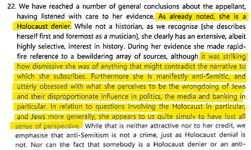 9/ The appeal judges were in no doubt about the nature of Chabloz's views, describing her as "manifestly antisemitic, and utterly obsessed with what she perceives to be the wrongdoing of Jews and their disproportionate influence in politics, the media and banking in particular."