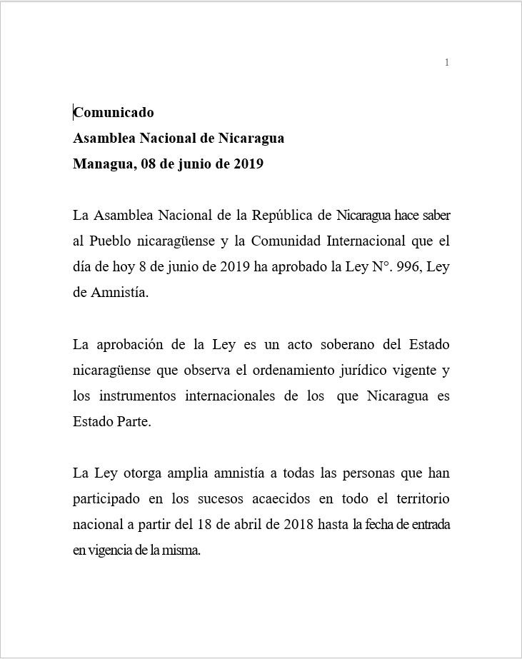 Comunicado de la Asamblea Nacional de Nicaragua sobre aprobación de Ley de Amnistía