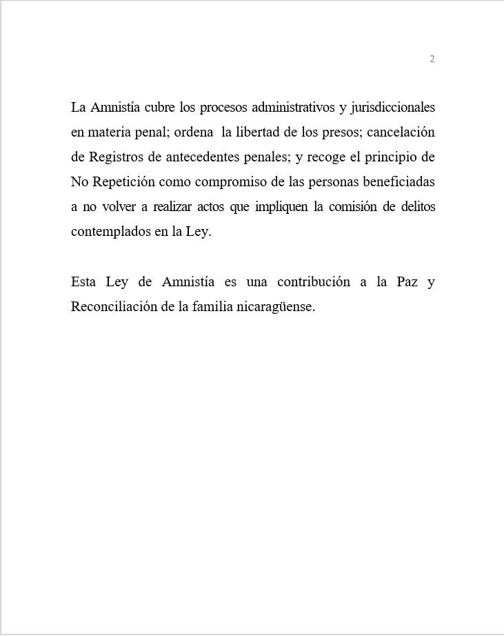 Comunicado de la Asamblea Nacional de Nicaragua sobre aprobación de Ley de Amnistía