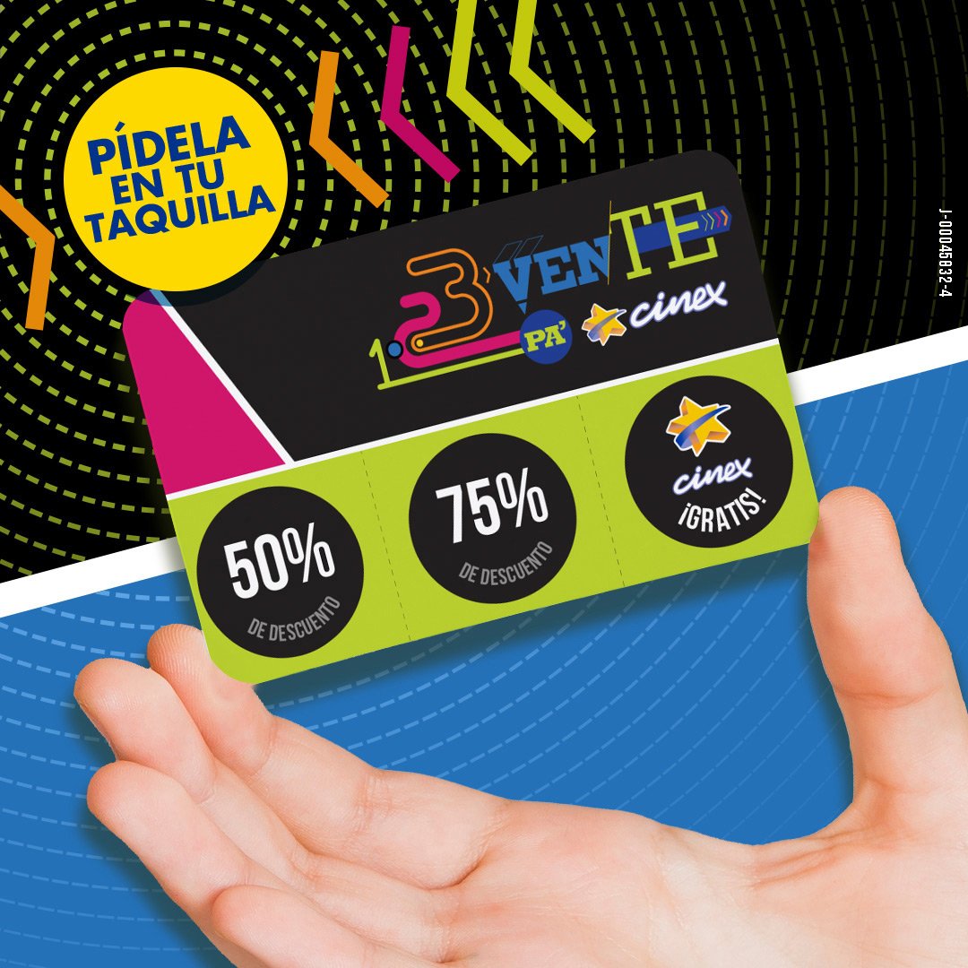 ElNacionalWeb's tweet photo. #ENPubli 1 2 3 ¡VENTE PA' @CINEXVE! Ahora cada boleto que adquieras en taquilla te obsequiamos una tarjeta de descuento que te premia las próximas 3 visitas. La #1con 50% La#2 con 75% ¡Y LA 3ERA ES GRATIS! Búscalo en todos nuestros complejos #NosVemosEnCinex #UnaVezNoEsSuficiente https://t.co/BlQjurjgIh