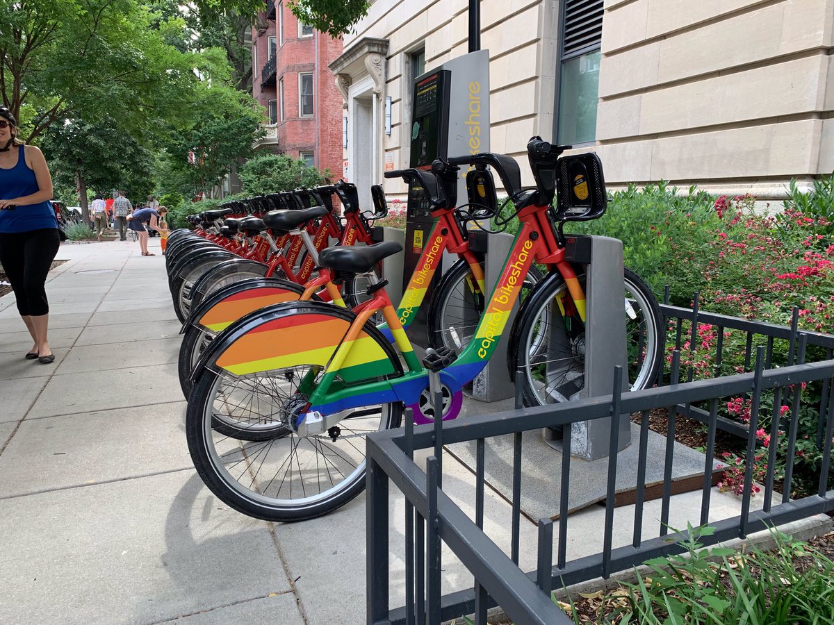 DDOTDC's tweet photo. The #Pride @bikeshare bikes are now in service! Try to catch one this month and send us your pictures! #PedalWithPride #RideWithPride #DCvalues #bikedc 🌈🌈 https://t.co/J0MTfhpppR