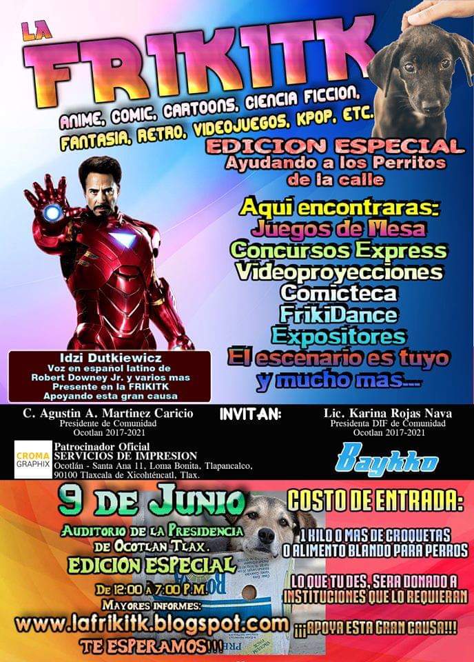 ¡Amigos! Mañana 9 de Junio se llevará la 9º Frikitk, evento con causa, estarán Idzi <a href="/soyidzi/">Idzi Dutkiewicz</a> (voz esp. Robert Downey Jr) y Pepe Toño Macías <a href="/PepetoMacias/">J A M C</a> (voz esp. Capitán América) con ¡muchas actividades más, no faltes! 😊 #Tlaxcala

Más información: facebook.com/events/6174510…