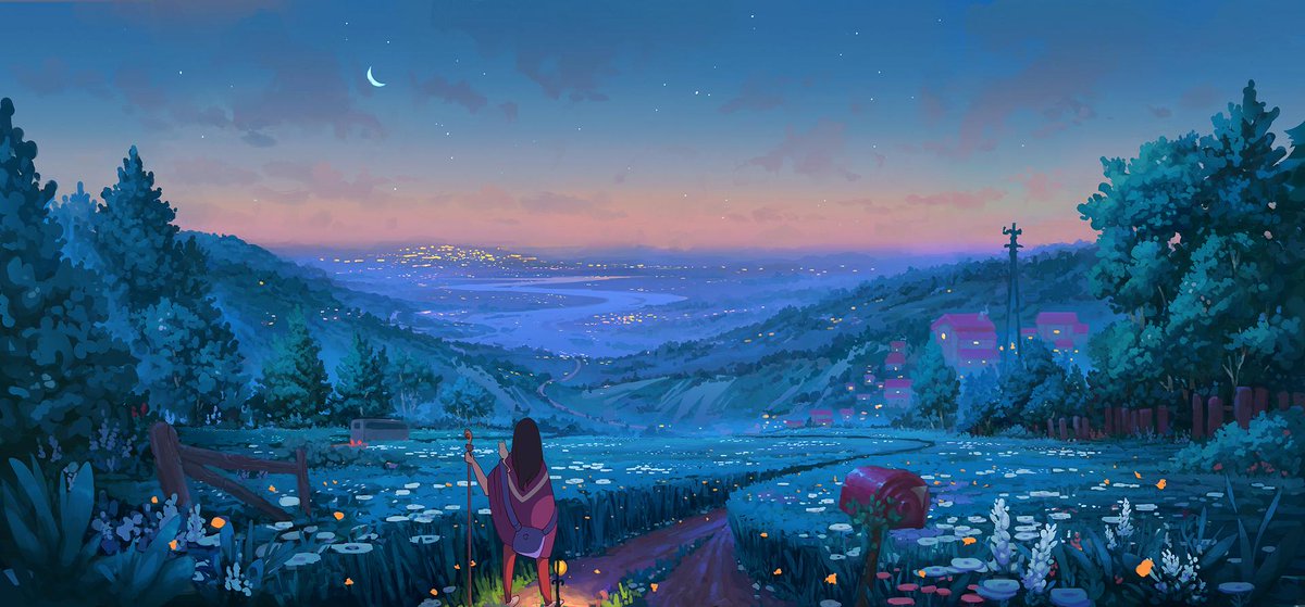 DeviantArt's tweet photo. Cresting the hill, the adventurers are not only treated to the sunrise, but also sight of their destination.

“Child of Earth” by @Denis_Istomin_: https://t.co/k4HgczubmO 
#DigitalArt #Landscape #FantasyArt https://t.co/k95Lx790B6