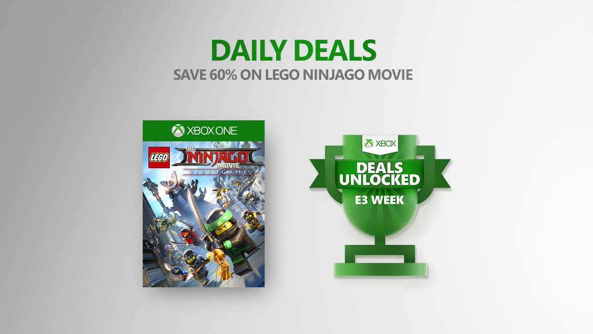 An Xbox Deals Unlocked badge with a packshot of Lego Ninjago Movie on a clean background. The copy reads ‘Save 60% on Lego Ninjago Movie