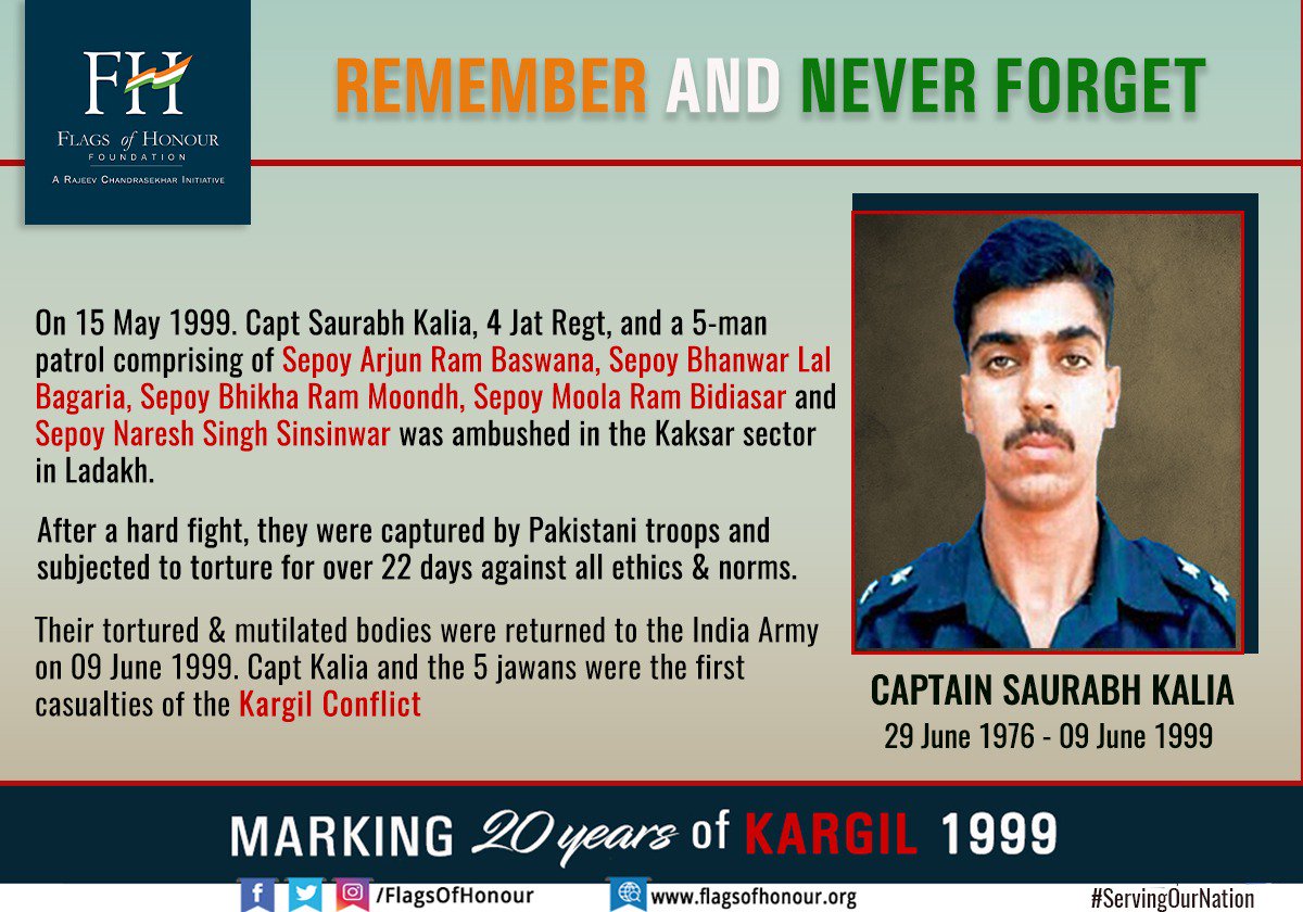 #RememberingKargil #OnThisDay 09 June in 1999 the tortured mortal remains of #Braveheart Captain Saurabh Kalia , 4 JAT, and his men were received by the #IndianArmy #RememberandNeverForget Capt #SaurabhKalia & his supreme sacrifice. #ServingOurNation #Kargil1999