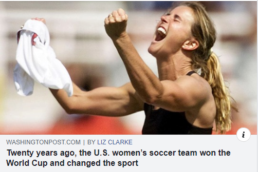 The dramatic victory by the American team over China in 1999 elevated soccer's profile in the United States, prompting girls and boys alike to start playing the sport. (via Washington Post) washingtonpost.com/sports/2019/06…