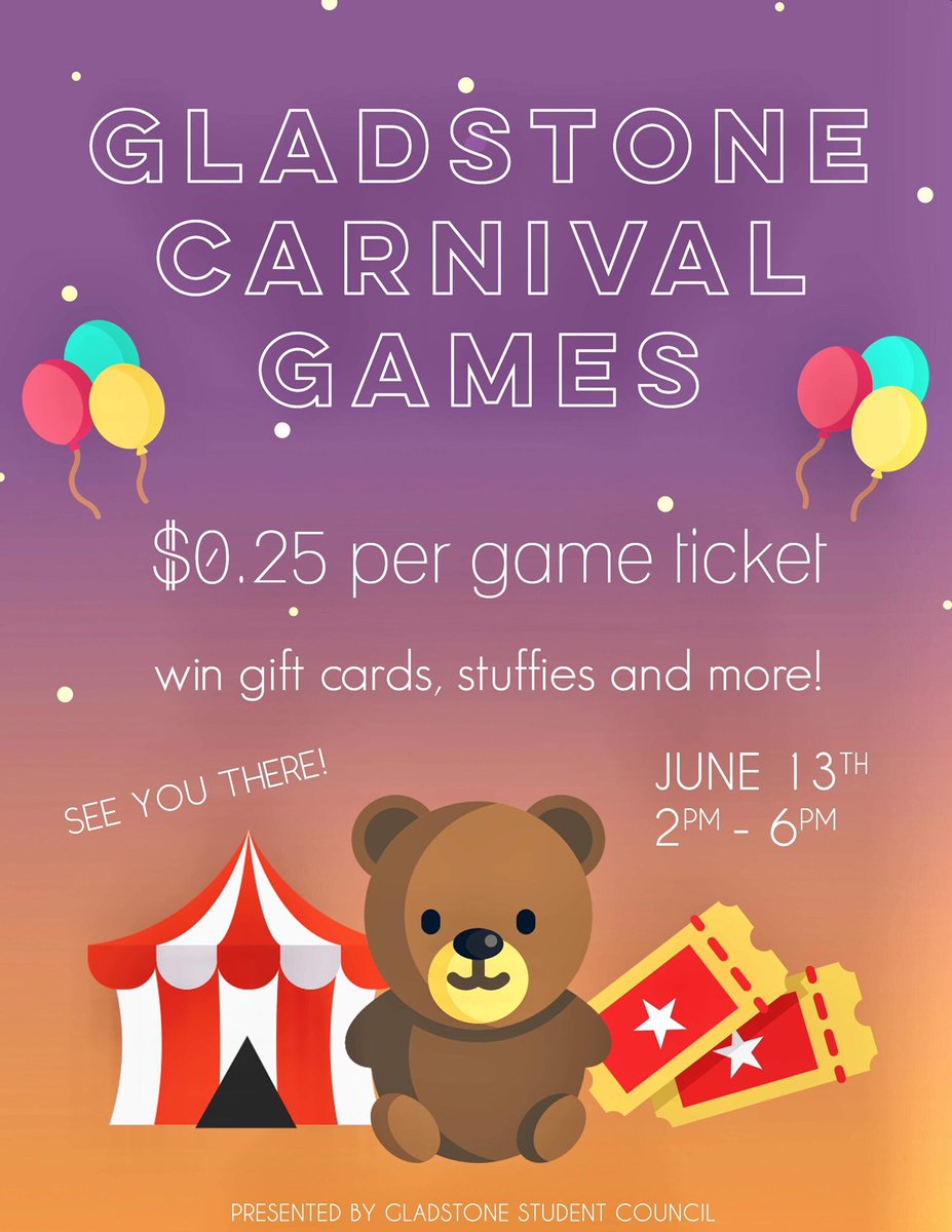 GLADSSC's tweet photo. CARNIVAL GAMES!

Game tickets will be $0.25 each! We will be having many games for you to try out like The Eliminator, Hamster ball Race, Sumo Wrestling, Ring Toss, and many more! Remember to redeem prizes with the prize tickets you won! https://t.co/xSRtP1EBEh