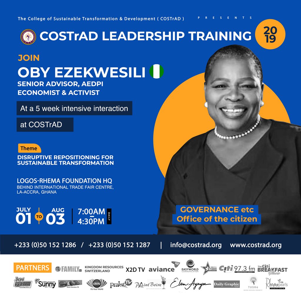COSTrAD's tweet photo. Dr. Oby Ezekwesili NG
Former Vice President, World Bank Africa Region
Consults for Governments and Leaders in Africa, Europe, North America and Asia.

REGISTER @
https://t.co/PMunSy02Ry
#COSTrAD2019
#WeRaiseLeaders
#WeMakeKings
@obyezeks https://t.co/lnvQu7foFe
