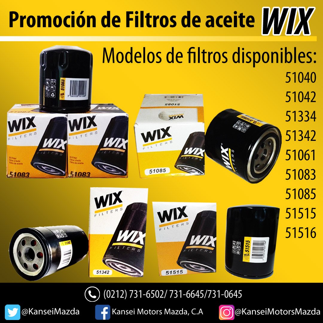KanseiMazda's tweet photo. "TENEMOS PROMOCIÓN" Descuento en "FILTRO DE ACEITE WIX" Comunícate con ventas (0212)731-6645 / 731.0645 /731-6502/ 731-1078 /731-4790 @KanseiMazda #KanseiMazda #mazda #caracas #precios #filtrodeairebt50 #wix #servicio #aceitemotor #filtrodeaceite Todos los Modelos de Vehículos. https://t.co/SSqGlHQPzu